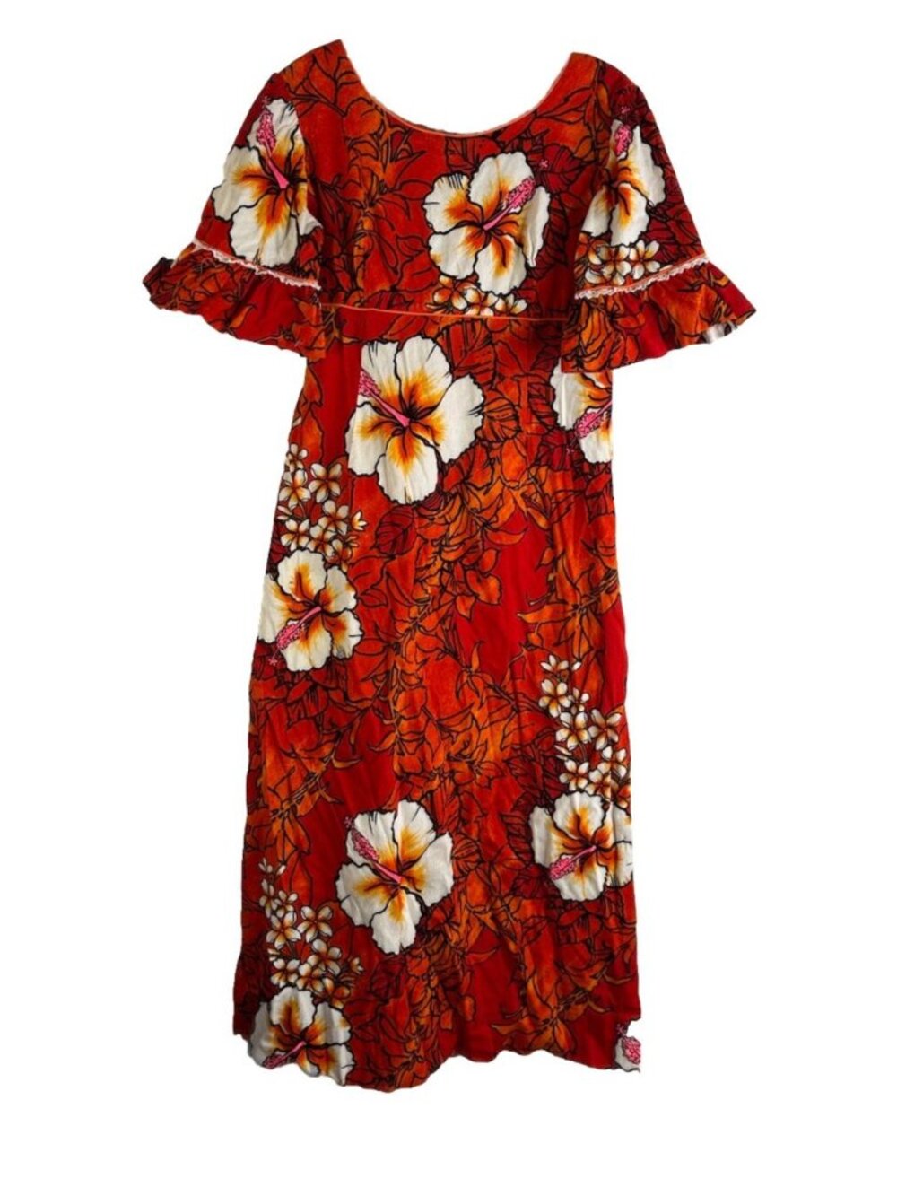 Vintage 60s Diane Honolulu Barkcloth Hawaiian Floral Gown Dress Womens 16 USA